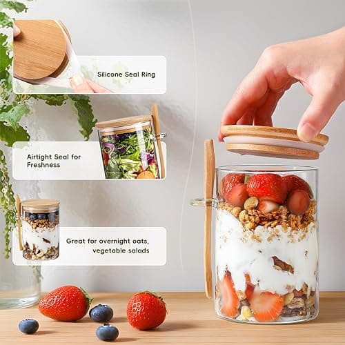MHDCLY Overnight Oats Containers with Lids,16oz Overnight Oats Jars 4 Pack, Oatmeal Cups,Meal Prep Containers,Glass Meal Prep Containers with Lids,China Pudding Jars thumbnail 3