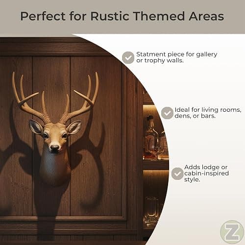 HD 8 Point Buck Wall Mounted Fake Deer Head - Faux Taxidermy Antler Animal Sculpture - 13 Inch High Resin Fall Dining Room Wall Decor and Rustic Cabin Decoration | Brown Hand-Painted Resin, Natural Highlights and Texture, 11 Inch Wide, 9.25 Inch Deep thumbnail 4