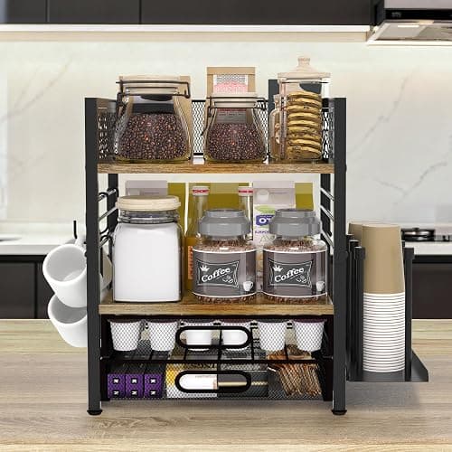 VIPLEEO Coffee Bar Organizer - 4 Tier Coffee Station Organizer for Countertop, Coffee Bar Storage with 4 Hooks, with K Cup Storage Drawer and Cup Holder, Multifunctional Shelf for Accessories Kitchen thumbnail 2