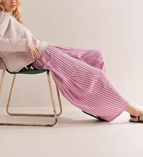 MISSACTIVER Women Summer Striped Harem Pants Flowy Baggy Casual Wide Leg Trousers Drawstring Boho Palazzo Pants with Pockets thumbnail 4