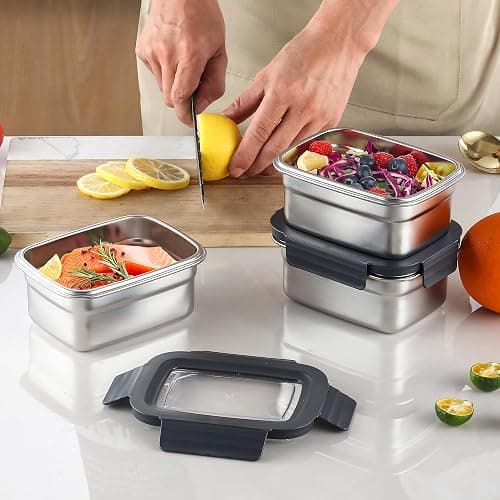 Misichao Stainless Steel Food Storage Containers with Lids - Stackable Airtight Meal Prep Food Containers for Kitchen & Pantry, Leakproof, Reusable Metal Bento Lunch Box 600ml 3 Pack thumbnail 2