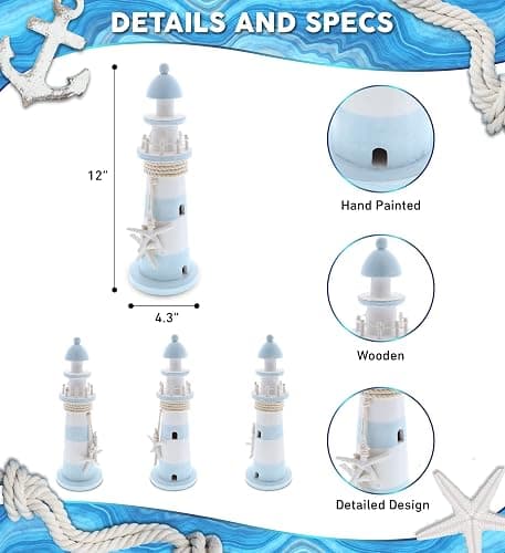 CoTa Global Blue Lagoon Lighthouse Decor - Handmade and Crafted Wooden Lighthouse Decoration with White Starfish, Decorative Beach Style Tabletop Centerpiece - 12 Inches thumbnail 3