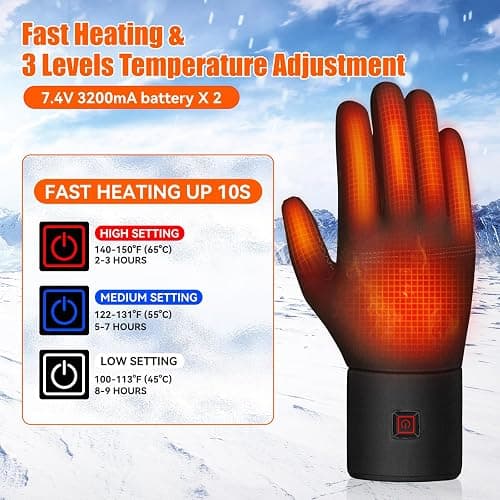 Heated Gloves, 3200mAh Rechargeable Electric Heating Gloves for Men Women with Touchscreen Fingers, Thin Hand Warm Gloves Liners for Winter Riding Ski Snowboarding Hiking Cycling Hunting thumbnail 2