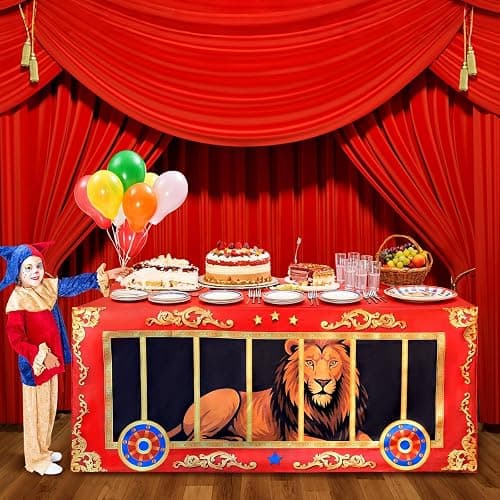 Jisfigtrh 6Ft Carnival Party Decorations Circus Animal Cage Tablecloth Tiger Lion Patterns Carnival Cage Washable Polyester Rectangular Table Cover for Boy Girl Birthday Baby Showers Party Supplies thumbnail 2