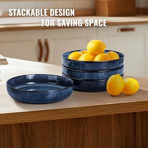 Herogo Stoneware Pasta Bowls Set of 4, Large Wide Shallow 37oz Plates and Serving Bowls Sets for Salad Soup Cereal, Microwave & Dishwasher Safe, Starry Blue - Starry Blue - Nature Series thumbnail 2