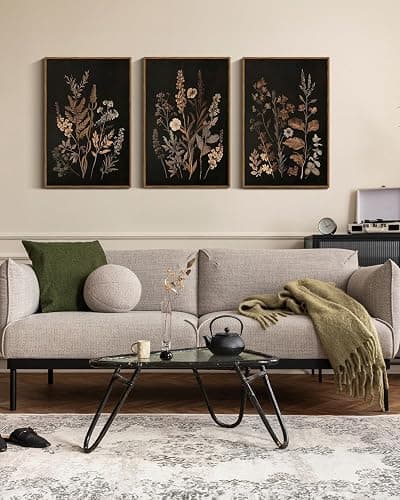 VIYYIEA Large Framed Canvas Wall Art, 3 Pcs,16x24inch, Botanical Floral Black Decor for Living Dining Room Above of Bed, Vintage Rustic Boho Dark Moody Decor, Set of 3 thumbnail 2