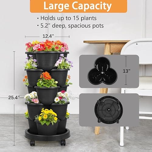 VECELO 5 Tier Vertical Garden Planter, Self Watering Stackable Planters with Wheels for Strawberries, Herbs, Flowers, Vegetables, Black thumbnail 5