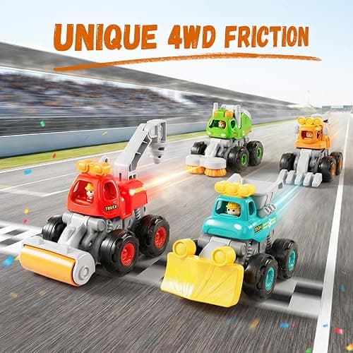 iPlay, iLearn Stunt Construction Trucks for Toddlers 1-3, Baby Friction Car | Kids Pull Back Push Go Vehicle Set, Boys Digger Roller Dump Truck, Birthday Gift for 12 18 Months, 2 3 4 5 One Yrs Girl Child thumbnail 2