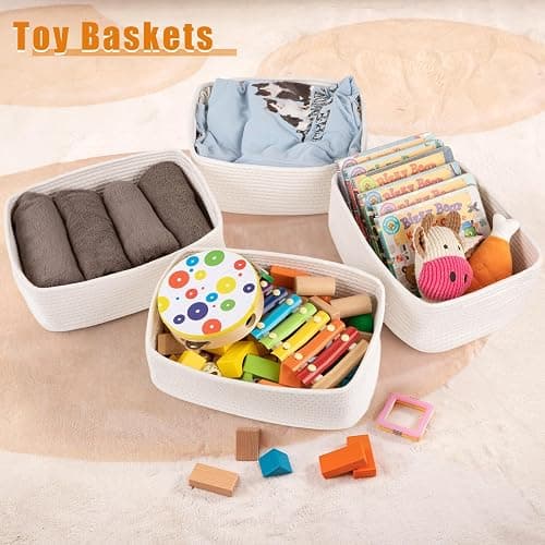 OIAHOMY 4 Pack Storage Baskets for Organizing, Small Bins for Shelves, Cute Decorative Storage Bins, Organizer Baskets for Gifts Empty,13''Lx8.7''Wx5.1''H, White thumbnail 2