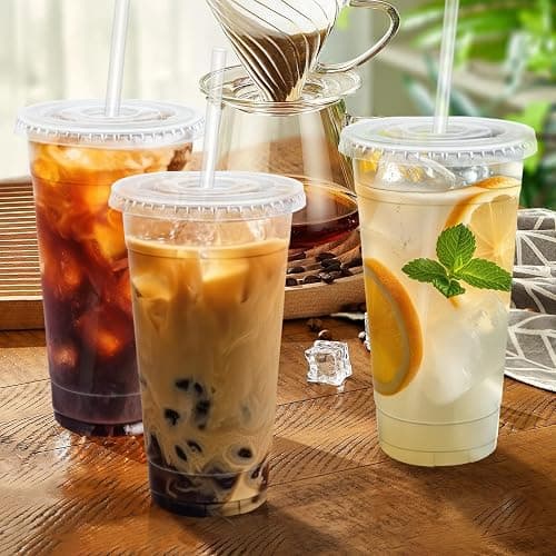 Lamosi 100 Pack 24 oz Clear Plastic Cups with Lids and Straws, Disposable Iced Coffee Cups with Lids for To-Go Cold Drinks, Smoothies and Slushie thumbnail 2