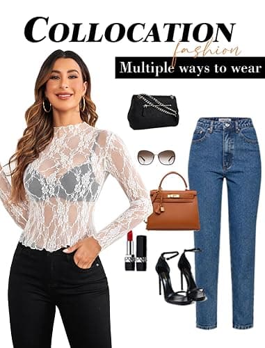 Avidlove Women's Mesh Top Long Sleeve Mock Neck Sheer Blouse See Through Floral Lace Tops thumbnail 6