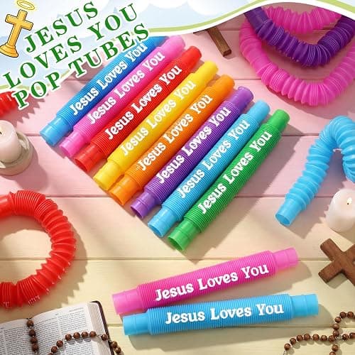 Skylety 64 Pack Christian Easter Gifts for Kids Pop Tubes Sensory Fidget Toy Party Favors 8 Colors Jesus Loves You Pop Tubes Creativity Fun for Toddler Kids Easter Party Favors Sunday School Gifts thumbnail 2