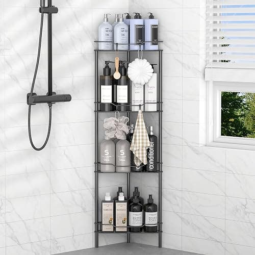 HuggieGems 4 Tier Floor Standing Corner Shower Caddy Organizer Shelf with Hooks, Bathroom Shelves Stand Rack, Black - Image 1
