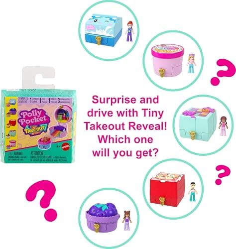 ​Polly Pocket Micro Dolls & Compacts with Toy Cars, Food Theme Vehicle Collection, Tiny Take Out Reveal Assortment with Surprises thumbnail 3