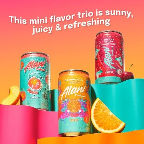 Alani Nu VARIETY PACK (CHERRY SLUSH, JUICY PEACH, ORANGE KISS), Low Calorie Energy Drinks, 100mg Caffeine, Biotin, B Vitamins, Zero Sugar, 10 Calories or Less, 8 Fl Oz Cans, 12 Pack thumbnail 2