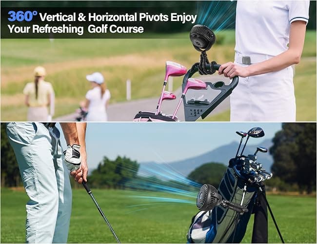 Rechargeable Golf Cart Fan Compatible with EZGO Club Car Yamaha Clip on Fan with Flexible Tripod, 360° Rotatable, 20Hrs Work, 3 Speed Battery Operated for Golf Cart Golf Palyer Summer Essential thumbnail 6