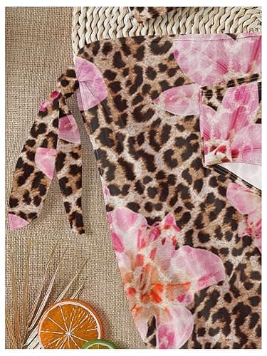 RoseSeek Girls 3 Piece Bikini Set with Beach Skirt Floral Leopard O-Ring Padded Swimsuit for Teen Girls thumbnail 5