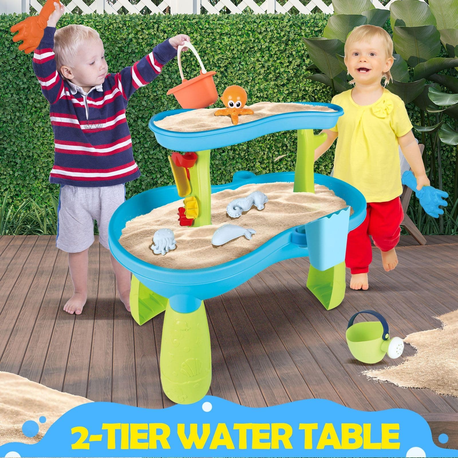 KIDBOT Sand and Water Table,2 Tier Pool Play Toys for Educational Beach Outdoor Activity Summer Backyard Kids Pretend Set thumbnail 6