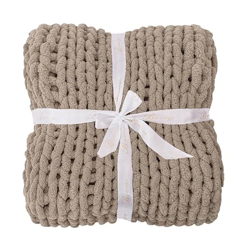 Bigacogo Chunky Knit Throw Blanket for Couch, 80x90 inches, 100% Hand Knitted with Thick Jumbo Chenille Yarn, Cozy Soft Large Rope Knot Cable Crochet Blankets for Sofa Bed Living Room, Taupe thumbnail 8