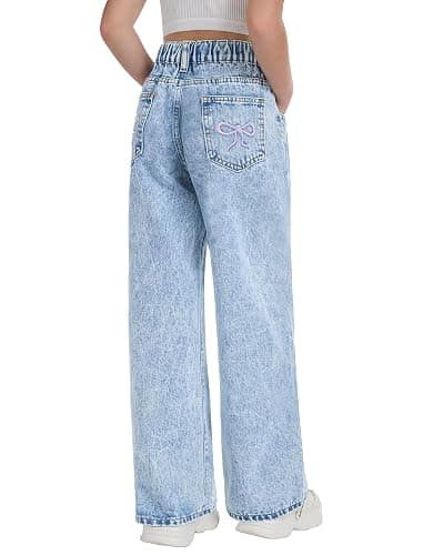 Fulihug Girls Wide Leg Jeans Baggy Bow Embroidery High Elastic Waist Denim Pants Cute Y2K Trendy Tween Streetwear 8-16Y - Image 1