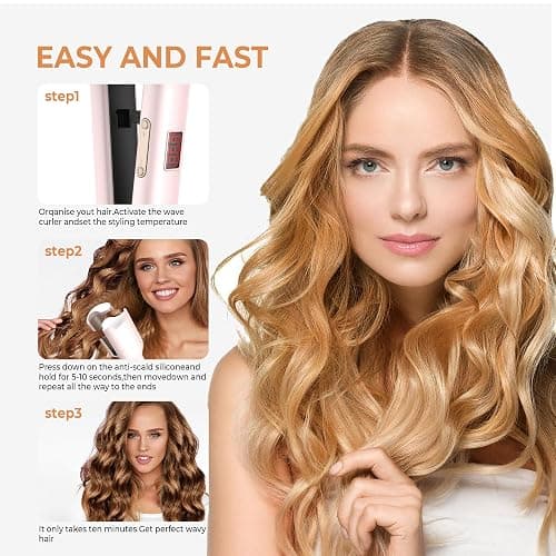 Curling Iron Hair Crimper Waver, Beach Waves Curling Wand, Waver Hair Tool, Double Voltage, Easy to Use, Pink, 1.25 Inch with UK/EU Plug thumbnail 4
