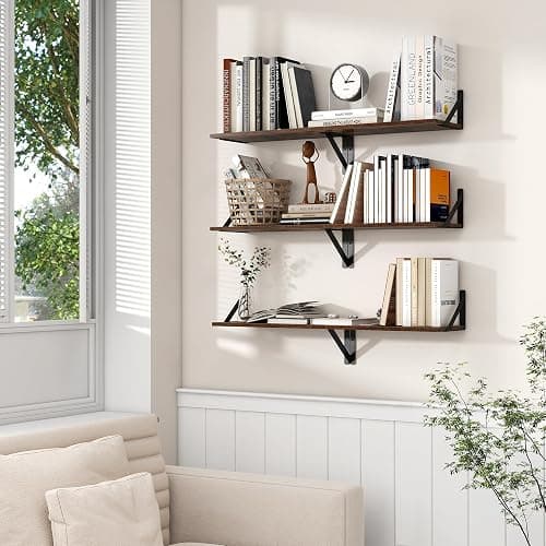 Axeman Floating Shelves for Wall, 8 Inch Deep Brown Wall Shelves Set of 2, 16''W x 8''D Rustic Brown Wood Shelves for Bookshelf Living Room Bedroom Home Office Bathroom thumbnail 8
