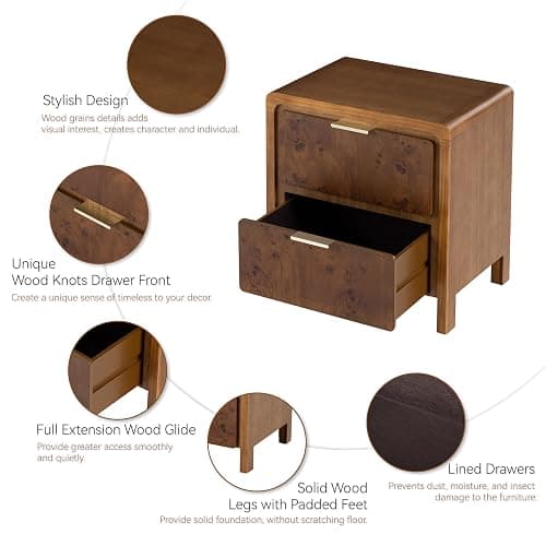 COZAYH Farmhouse Nightstand with 2 Drawer, Distressed Wood Rustic Accent Bedside Table, Burl Finish Side Table for Bedroom, Entryway, Fully Assembled, Brown thumbnail 3