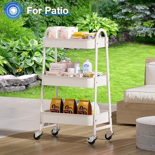 OLIXIS Metal 3 Tiers Utility Rolling Cart, Mobile Storage Shelf with Lockable Caster Wheels, Organization for Livingroom, Bathroom & Narrow Places, White thumbnail 2