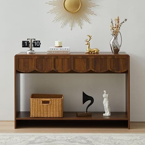 Console Table with Drawers, Mid-Century 43 Inches Narrow Entryway Tables with Open Storage Shelves, Hallway Accent Tables Behind Couch Table for Living Room - Walnut - Walnut thumbnail 3
