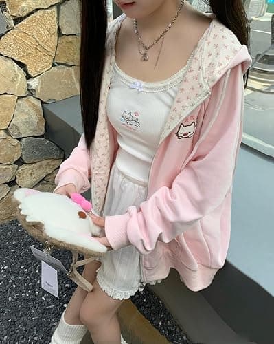 Dynict Womens Y2K Zip Up Cute Graphic Hoodies Cat Ears Casual Cartoon Harajuku Kawaii Clothes Oversize Streetwear Jacket thumbnail 5