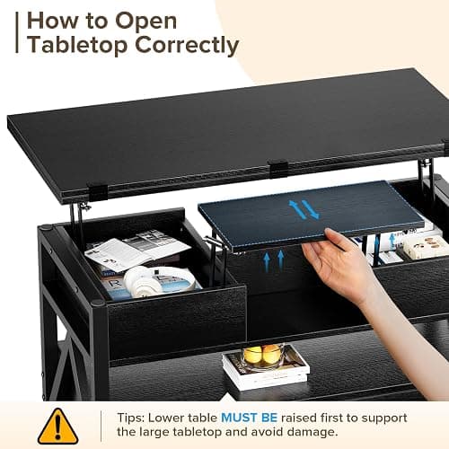 Memobarco 40" Lift Top Coffee Table,4 in 1 Multi-Function Lift Coffee Tables with Storage Drawers and Hidden Compartmen,Farmhouse Coffee Table with Lifting top for Living Room,Black thumbnail 6
