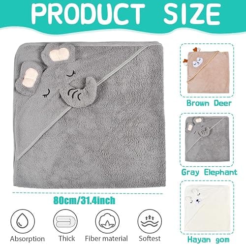 Serviette de Bain à Capuche pour Bébé, 3 pièces Cape de Bain Bébé, Serviette à Capuche en Bambou,Sortie de Bain Super Absorbante, Serviettes pour Enfants en Bas âge avec Trois Motifs thumbnail 3