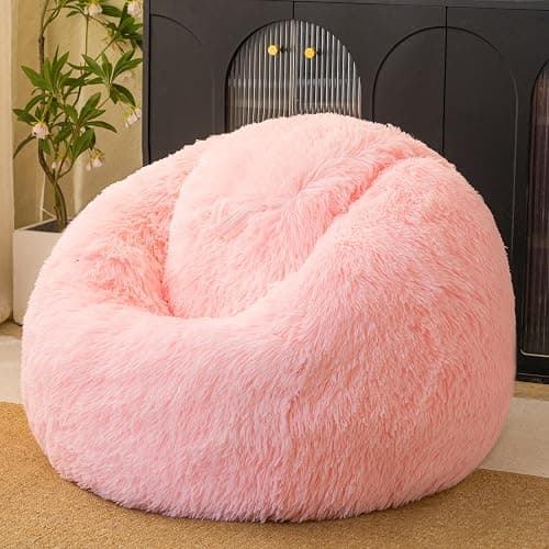 Pink fluffy bean bag chair covers (No Filler), comfy Plush Pink bean bag chair Cover for bedroom, stuffed animal Storage, kids adults teens girls bean bag chairs, Anti-Slip - Image 1