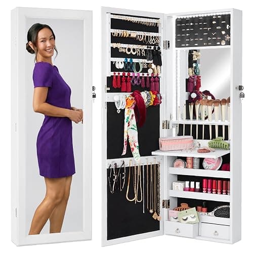 Best Choice Products LED Mirror Jewelry Cabinet, Tall Lockable Wall or Door Mounted Jewelry Armoire Organizer with Mirror, 2 Drawers, Lock, Cosmetic Tray, Shelves - White - Image 1