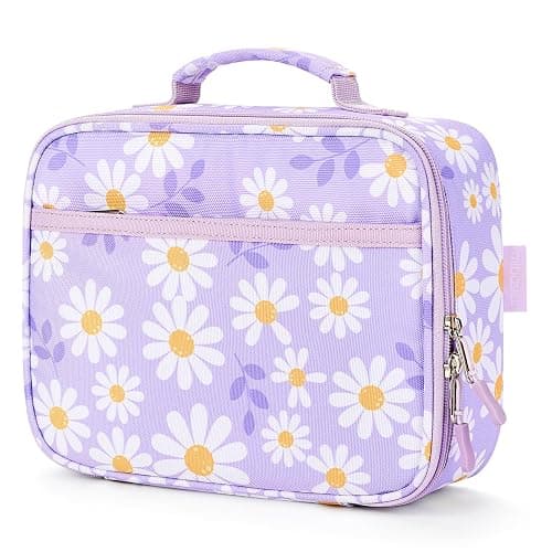 mibasies Kids Lunch Box for Girls Toddler, Insulated and Reusable Lunch Bag for School, Daisy Purple - Image 1