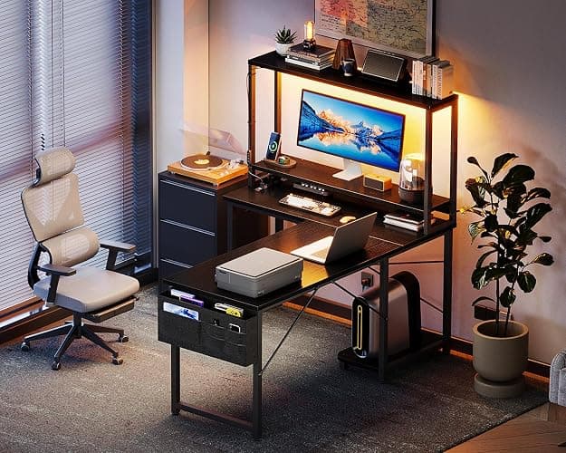 AODK L Shaped Desk Gaming Desk with LED Light & Power Outlet, 43 Inch Reversible L Shaped Computer Table with Shelf, Corner Desk with Storage Bag&Hook for Home Office Desk, Black thumbnail 9