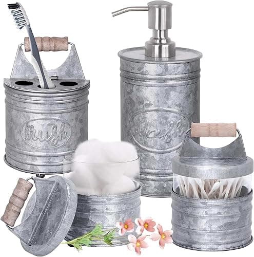 Autumn Alley Rustic Bathroom Accessories Set 4 - Galvanized Soap Dispenser, Rustic Toothbrush Holder, 2 Apothecary Jars Qtip Holder - Western Bathroom Decor – Farmhouse Bathroom Decor Accessories - Image 1
