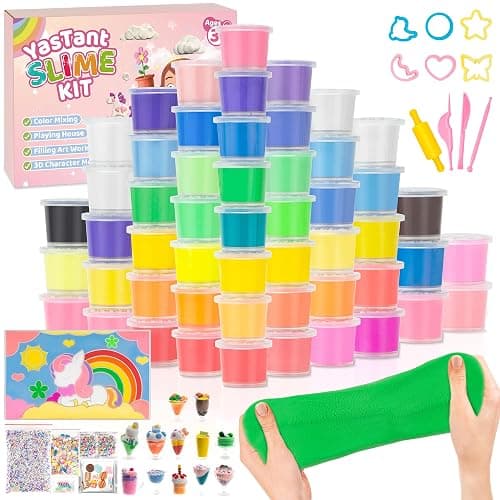 YasTant 56 Pack Butter Slime Kit for Girls and Boys Ages 3-12, Non Sticky Kids Slime Kits 3-12, Small Slime Party Favors with Charms, Cutters, and 4 Creative Playing Modes - Image 1