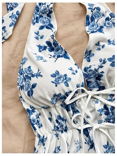BEAUDRM Women's Boho Floral Print Halter Top Y2k Sleeveless Backless Bow Knot Ruffle Tank Tops Blue Small thumbnail 5