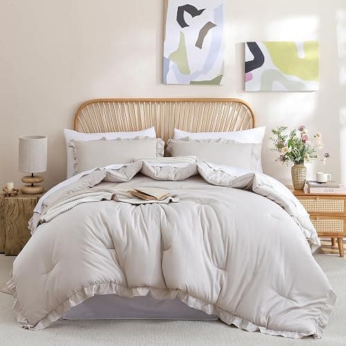 JANZAA King Size Comforter Set Beige Ruffle Comforter 3PCS Soft Fluffy Boho Comforter Vintage Farmhouse Bed Set Shabby Chic Bedding with 2 Pillowcases for All Season - Image 1