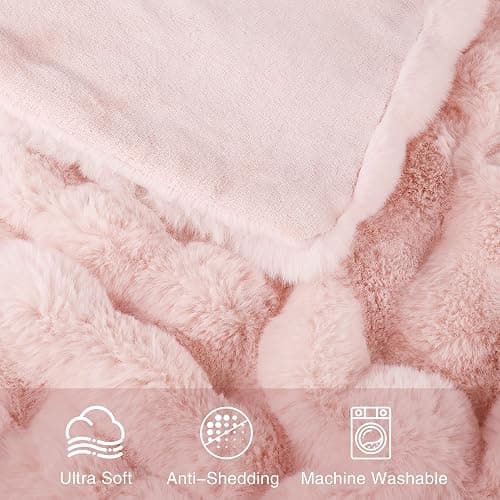 Comelady Faux Rabbit Fur Throw Blanket for Couch,Soft Fluffy Thick Bubble Blanket for Bed Sofa Room Decor-Lightweight Cozy Fuzzy Blanket Gifts for Women,Light Pink,50"×60" thumbnail 4