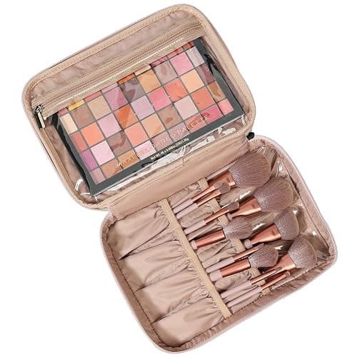 NISHEL Large Double Layer Travel Makeup Bag Women, Cosmetic Case, Organizer for Travel-Size Accessories Bottles, Brushes, Conditioner, and Skin Care Products, Pink thumbnail 2