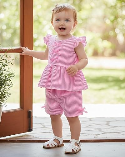 Jecson Toddler Baby Girl Summer Clothes Cotton Ruffled Sleeve Shirt Tops and Shorts Set Outfits 12Months-4T thumbnail 2