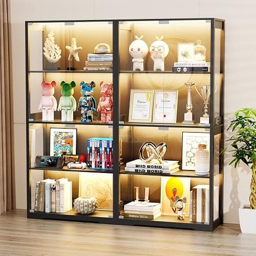 BROTTAR Display Cabinet with Glass Doors, 4-Tier Curio Cabinet with 3 Color Lights for Collectibles, Glass Display Case with Human Body Sensor, Bookcase with 4 Shelves, Storage Cabinets, Black thumbnail 9