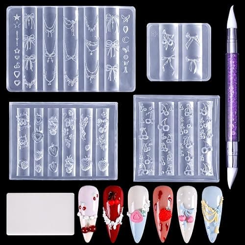 Laza 4pcs Fruit Silicone Nail Art Molds Multiple Cherry Shaped Nail Molds | Reusable Nail Molds for Nail Art,Good Elasticity,3D Nail Mold, Strawberry Bowknot Chain Cherry Molds with Scraper & Pen - Image 1