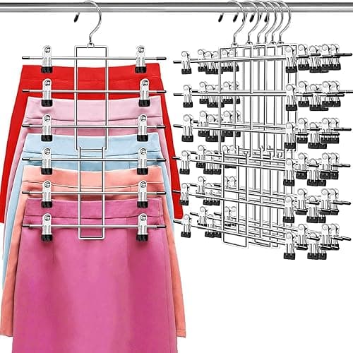 Pants Hangers with Clips,Space Saving Hanging Closet Organizer-6 Tiers Skirt Hangers with 360° Swivel Hook,Closet Organizer-Clothes Hangers- College Dorm Essentials Apartment Essentials- 6 Pack - Image 1