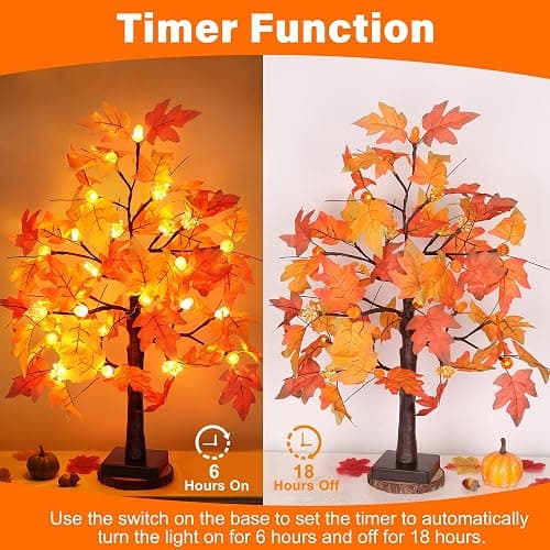 2 Pack 24 Inch Fall Maple Tree with 48LED Thanksgiving Table Decorations Battery Operated Lighted Tabletop Artificial Tree with Pumpkin Acorn Maple Fall Centerpieces Indoor Fall Decorations for Home thumbnail 5