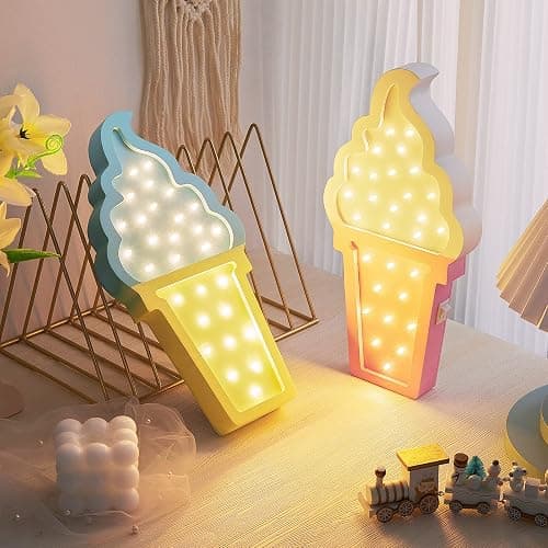 Mudder 2 Pcs Ice Cream Decor Wooden LED Night Light Romance Atmosphere Light Ice Cream Theme Party Lamps Battery Operated LED Night Lights for Spring Party Birthday Wedding(Blue-Yellow) thumbnail 7