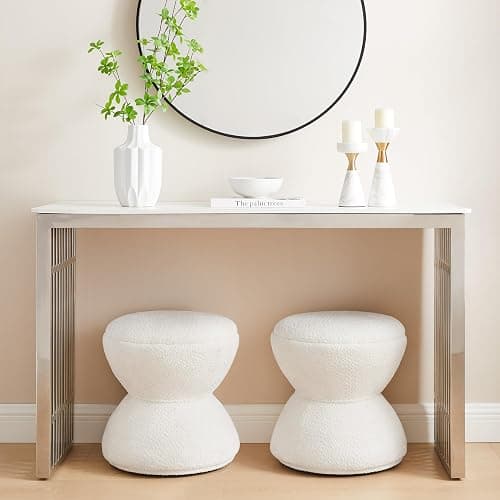 VANOMi Multi-Functional Boucle Ottoman, Vanity Stool Chair, Sturdy Rotating Wooden Footstool, Suitable for Living Room, Bedroom, and Entryway, Without Installation, Swivel, White thumbnail 8
