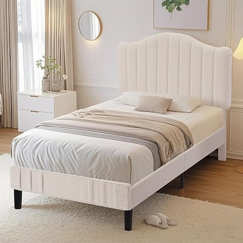 VECELO Twin Bed Frame Upholstered Platform Bed Frame with Height Adjustable Teddy Fabric Headboard, Strong Wood Slats Supports 7.9'' Under Bed Space Noise Free No Box Spring Needed, Cream thumbnail 3